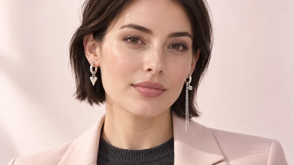An adult model wearing mismatched earrings: a short silver-looking heart and a longer double-chain design