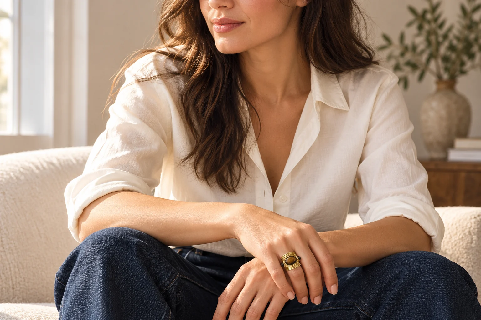 A model wearing a golden-looking oval ring with an ivory shirt and dark denim
